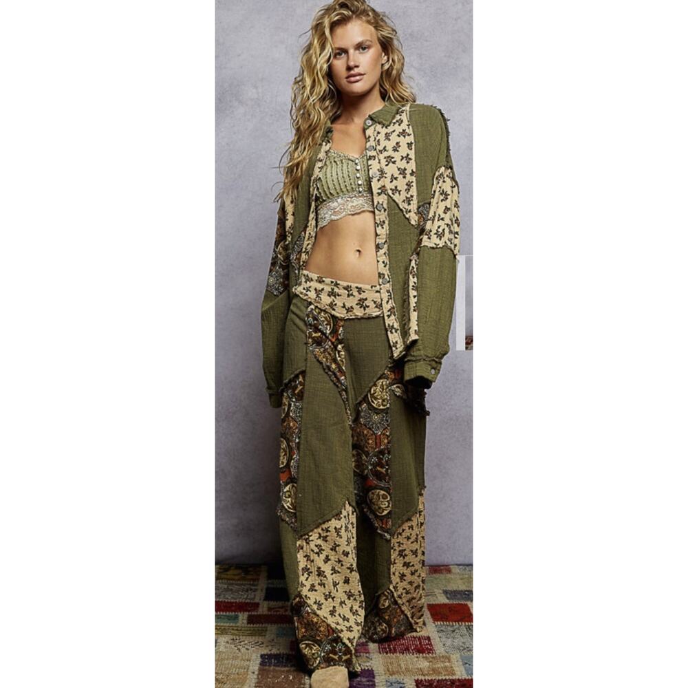 POL Double Gauze Patchwork Pants in Olive - Picture 5 of 6